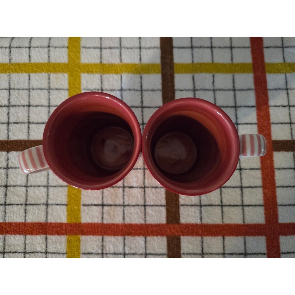 Anthropologie Floral Coffee Mugs Set of 2 Red Orange Pink Striped Handle Ceramic - Picture 4 of 4